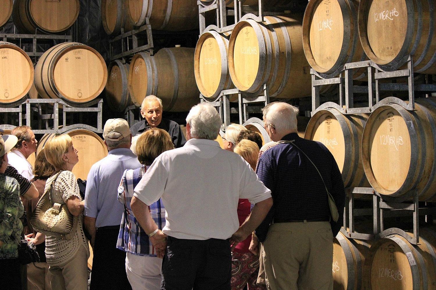 Visitors in the barrel room at Soljans Estate Winery